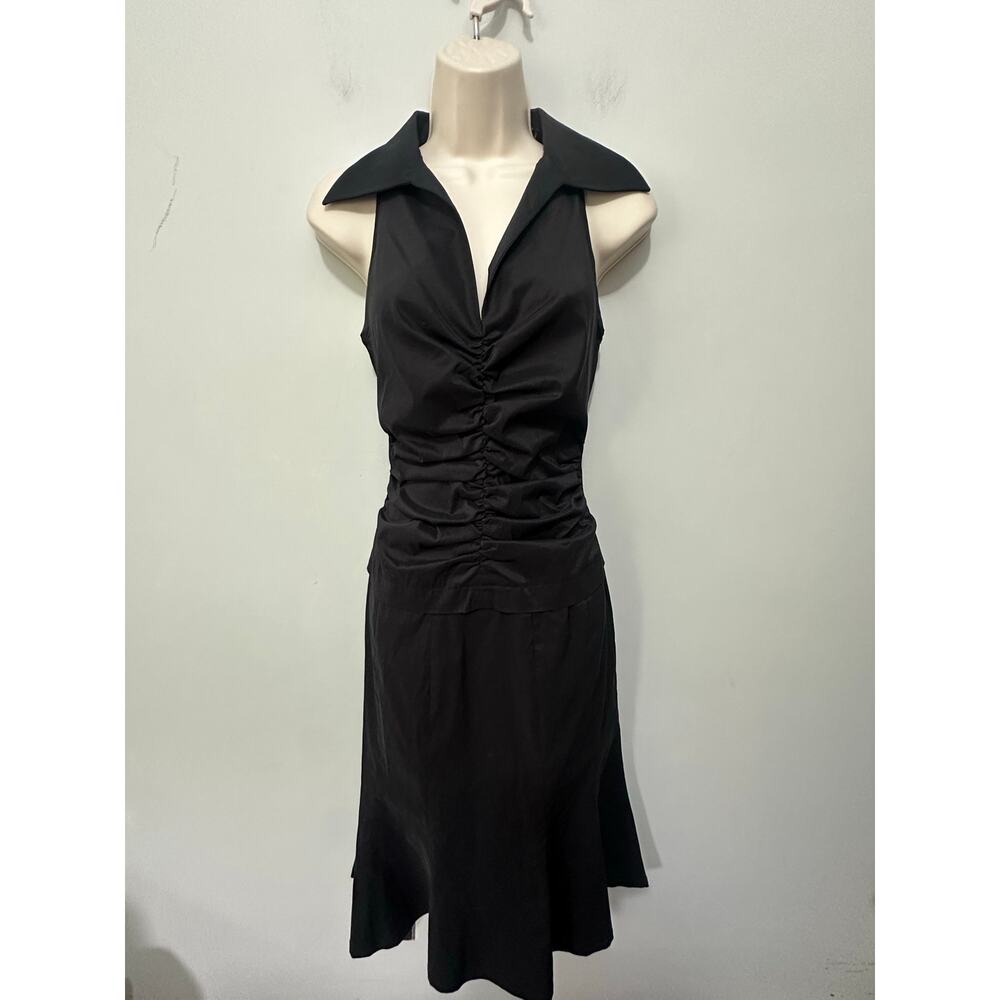 Adrianna Shirt Dress Womens 6 Black Ruched Midi Retro 90s Minimalist Cocktail